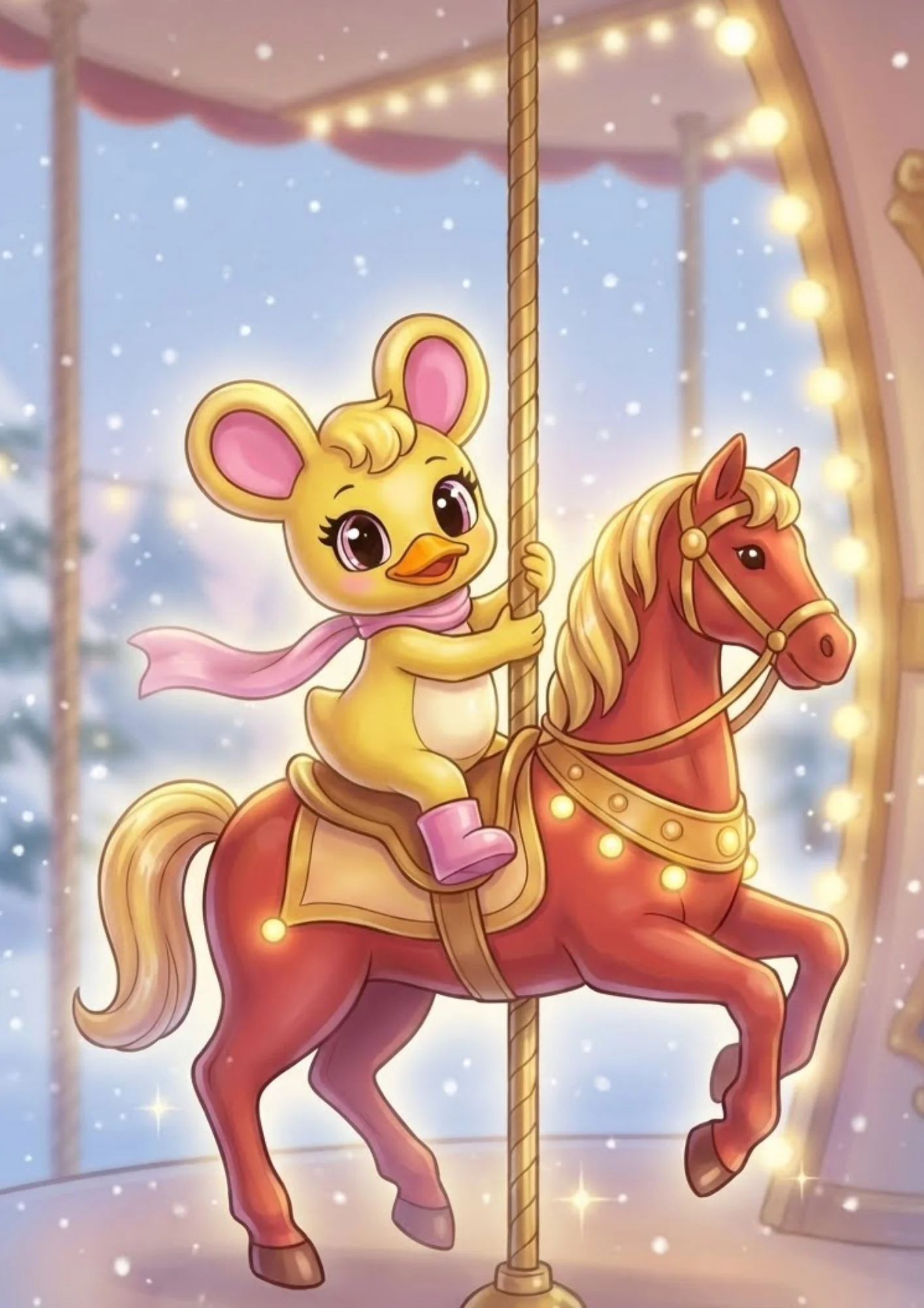 Duxelina montando un carrusel de madera en invierno, dibujo kawaii para colorear infantil