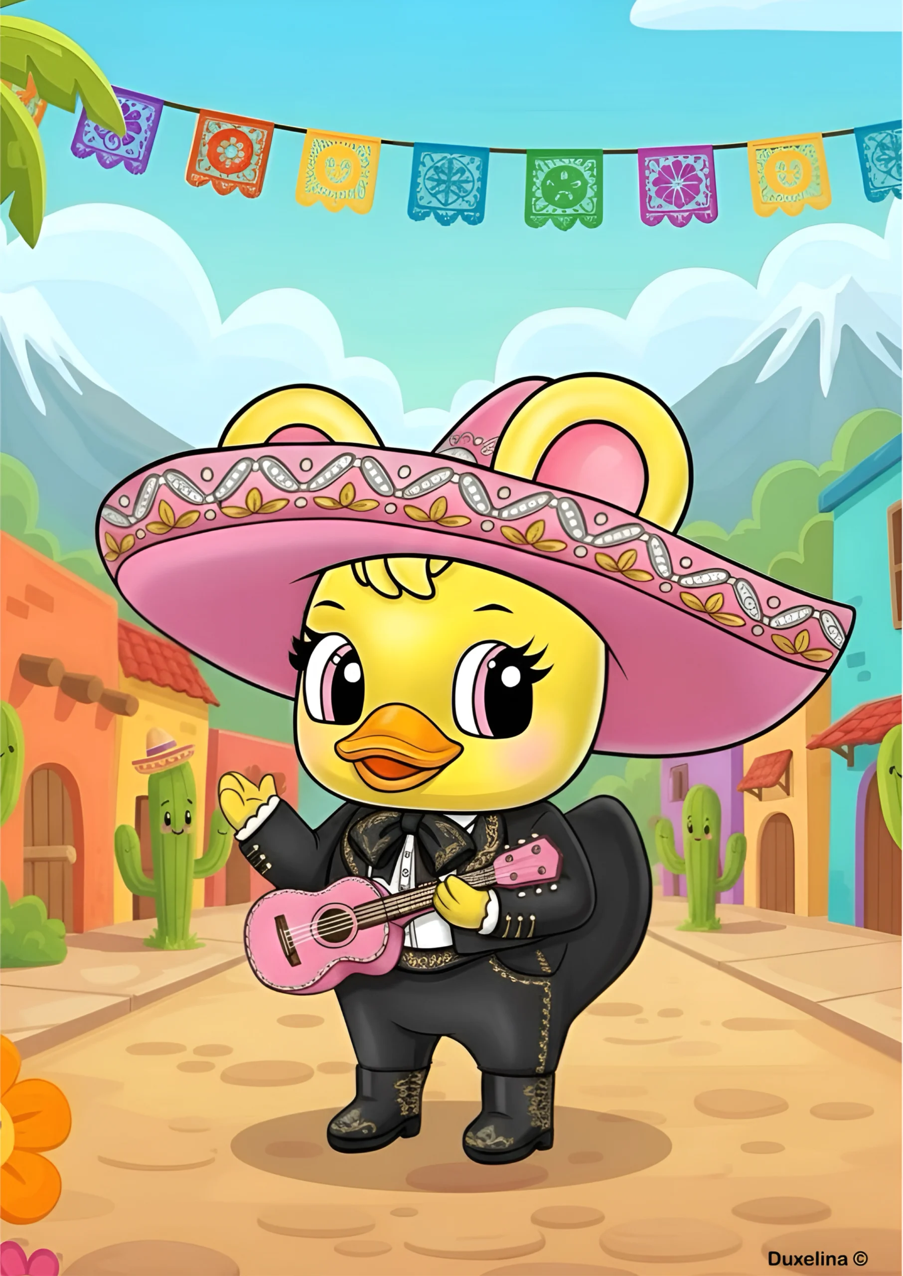 Duxelina vestida de mariachi tocando música en un pueblo de México infantil para colorear
