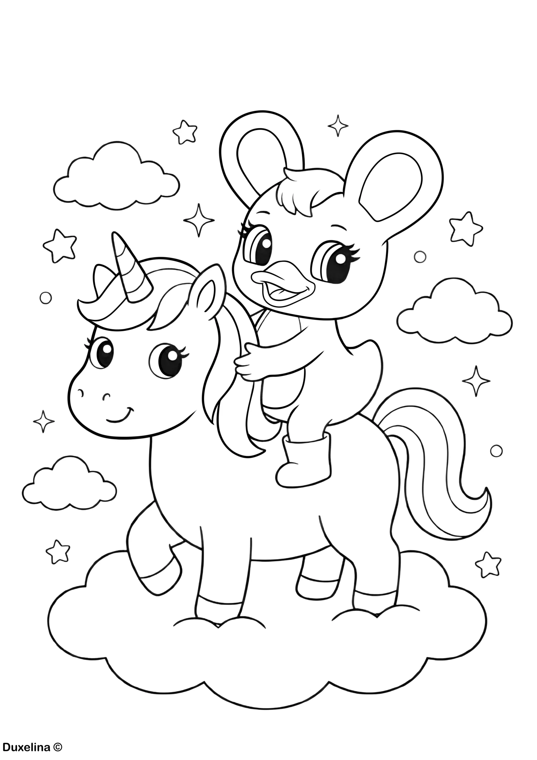 dibujo para colorear unicornio en las nubes