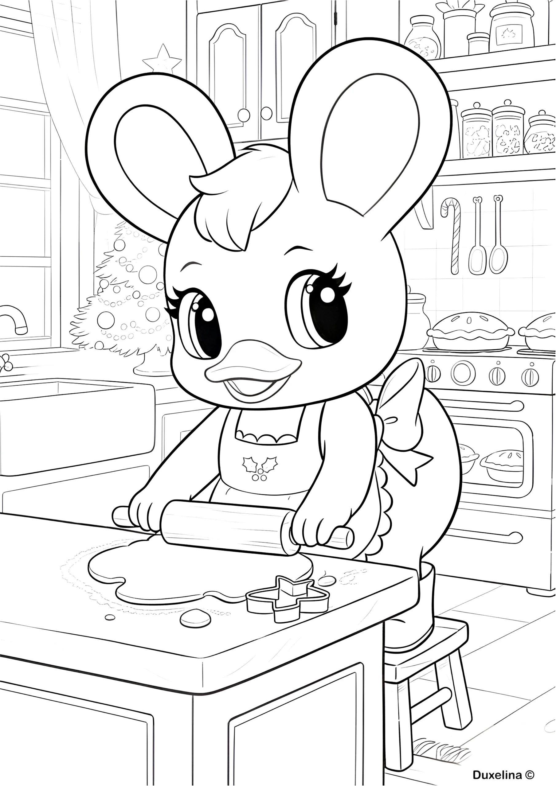 Dibujo para colorear de una niña cocinando en la cocina para niños en PDF