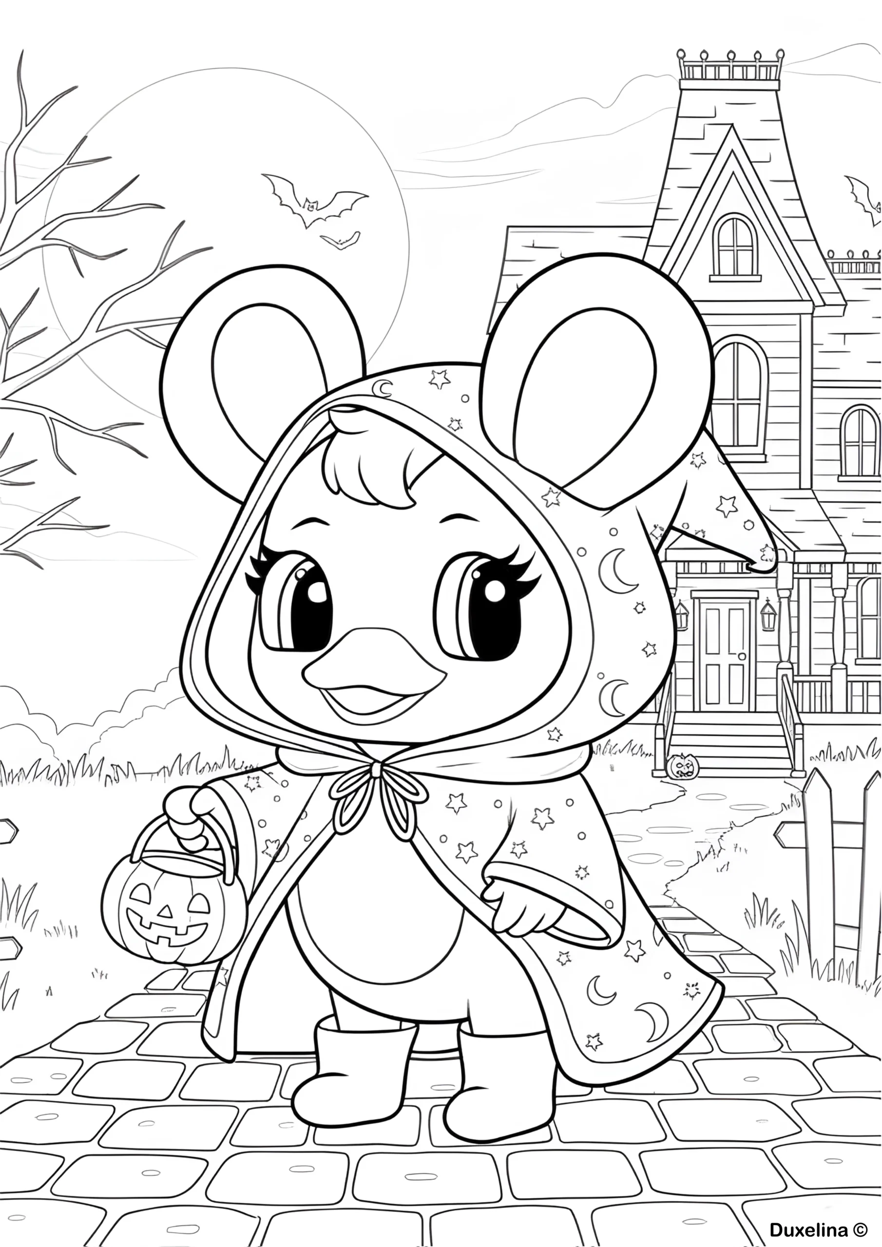 Dibujo para colorear de una niña disfrazada de Halloween con una calabaza en PDF