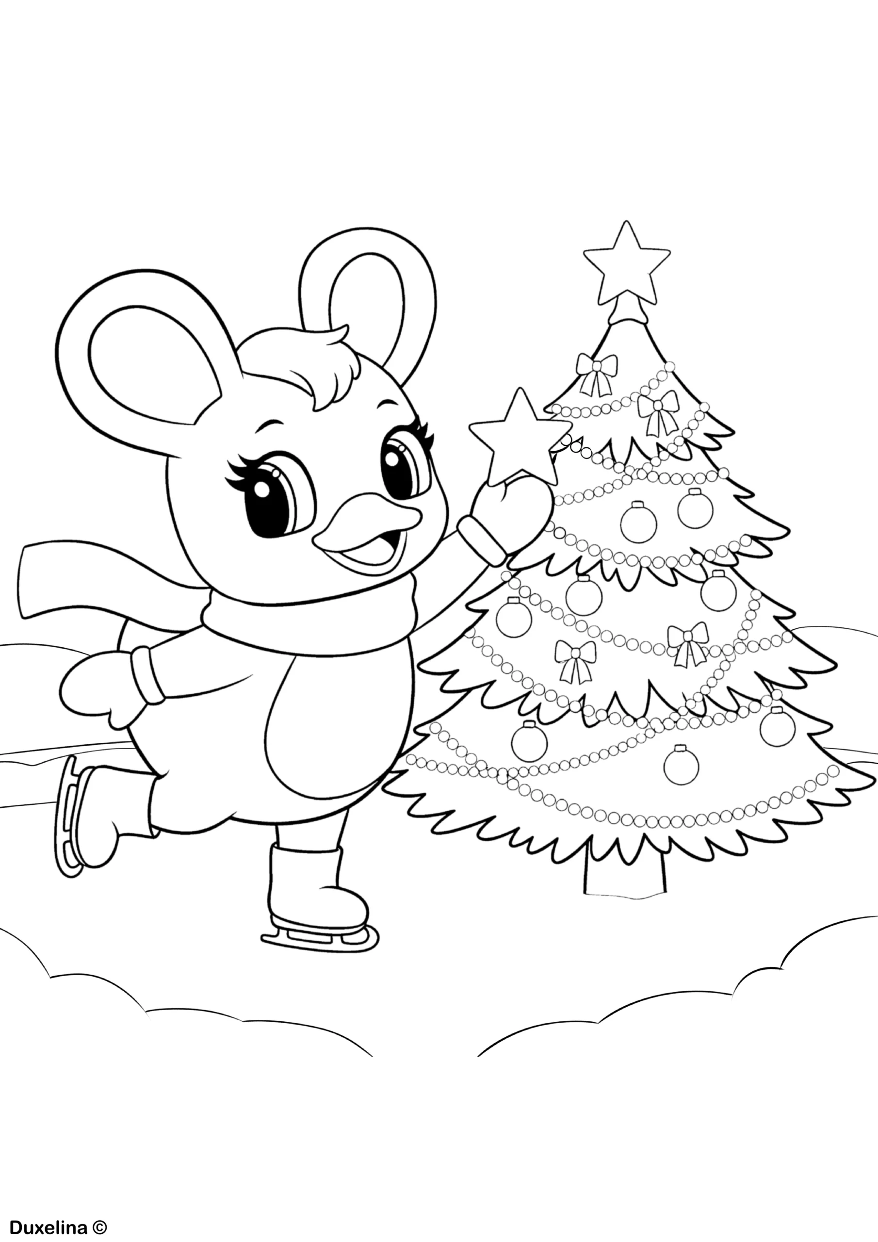 Dibujo para colorear de una niña patinando junto a un árbol de Navidad en invierno