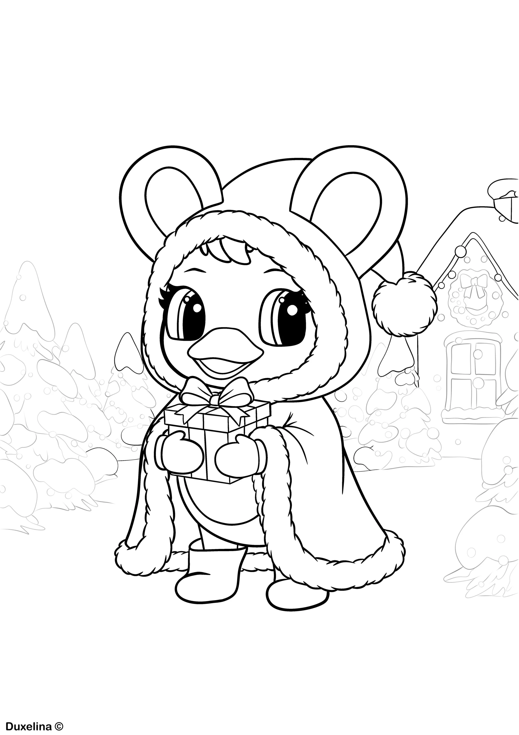Dibujo para colorear de una niña con un regalo de Navidad en un paisaje de invierno en PDF