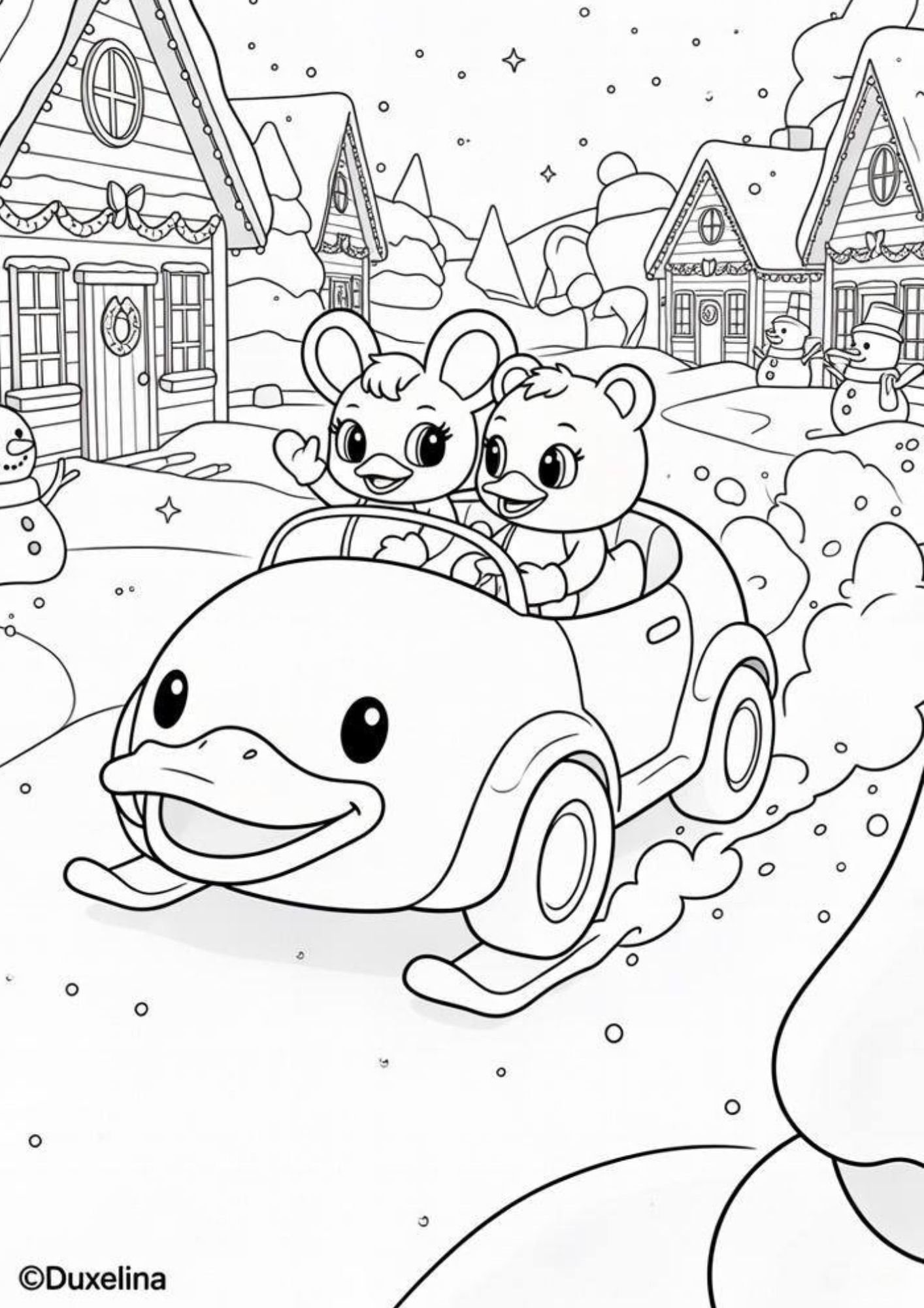 Dibujo para colorear de dos niños conduciendo en la nieve durante el invierno en PDF