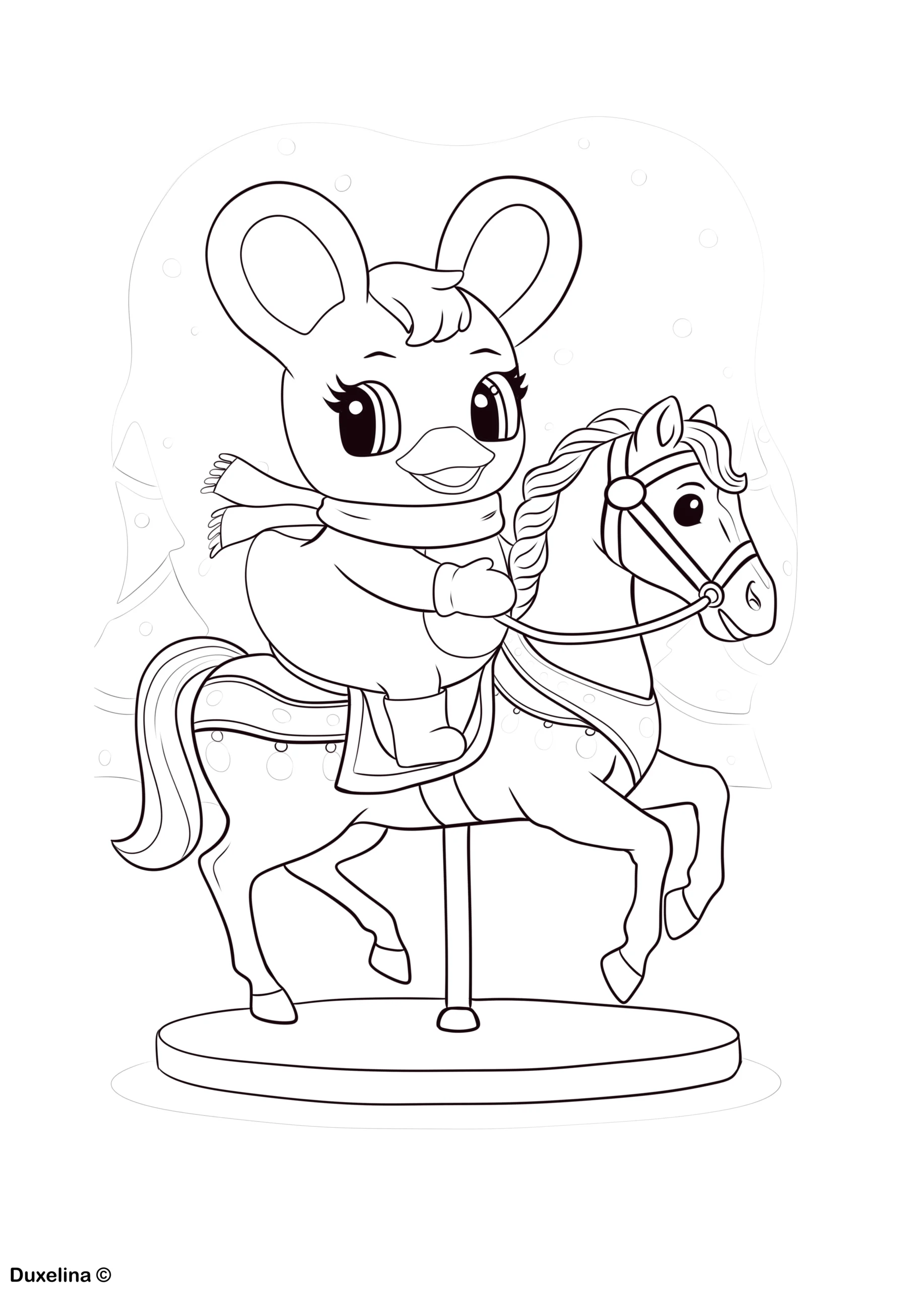 Dibujo para colorear de una niña montando un caballo de carrusel en invierno